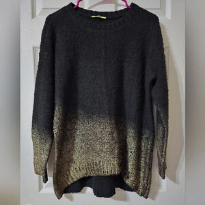 Gianni Bini Black Boucle& Gold Metallic Asymmetrical Colorblock Crewneck Sweater